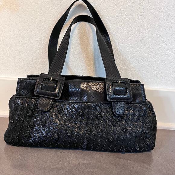 Perlina woven embossed leather black snake skin shoulder bag womens purse medium - Picture 2 of 9